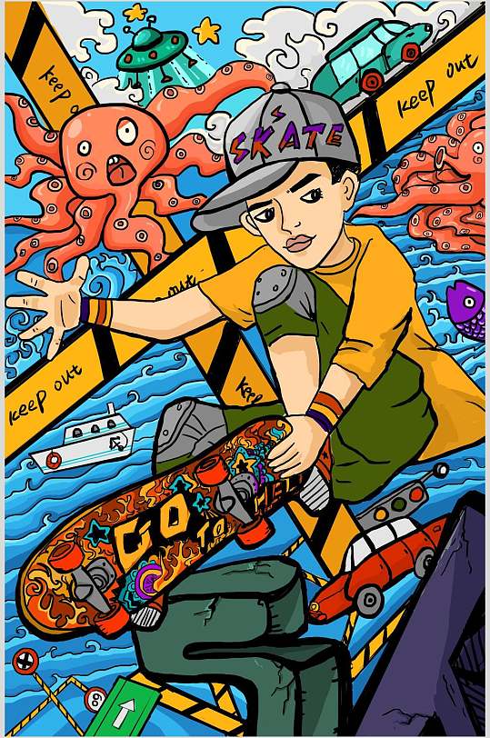 彩色潮男潮流涂鸦插画素材