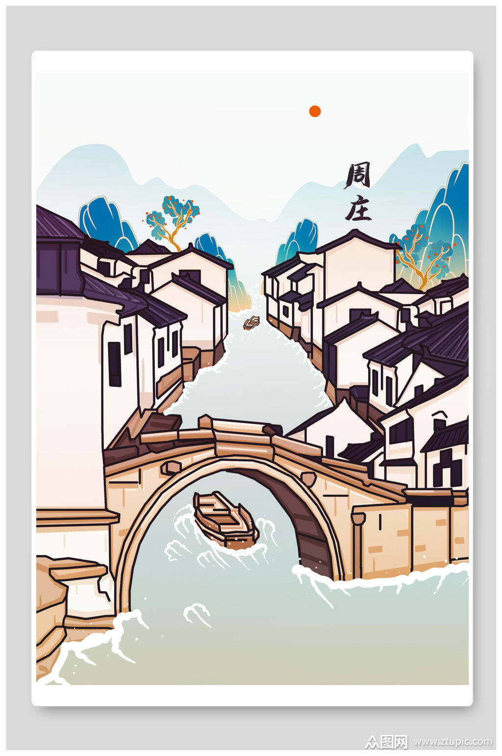 周庄国潮风建筑插画素材素材