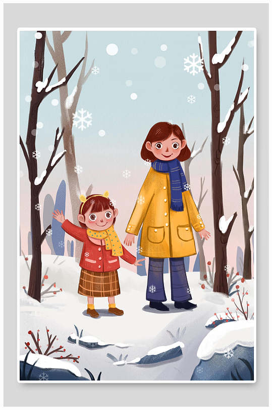 唯美雪景风景画冬天卡通人物插画