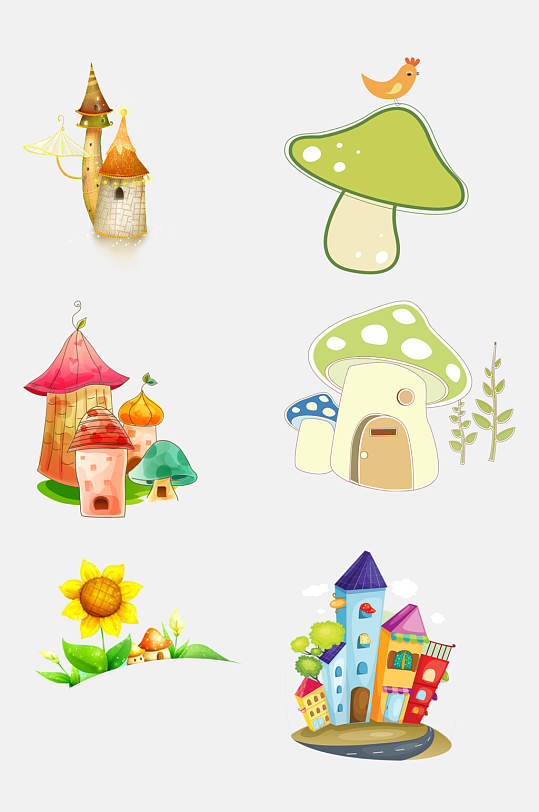 清新唯美卡通蘑菇房子建筑免抠素材