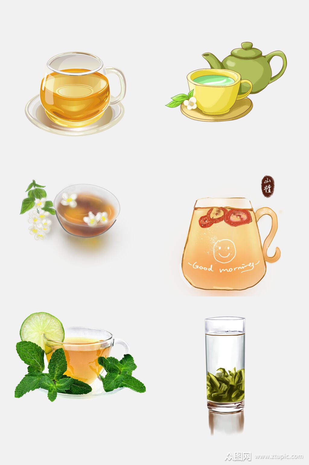 清新手绘花茶养生茶茶杯免抠素材素材