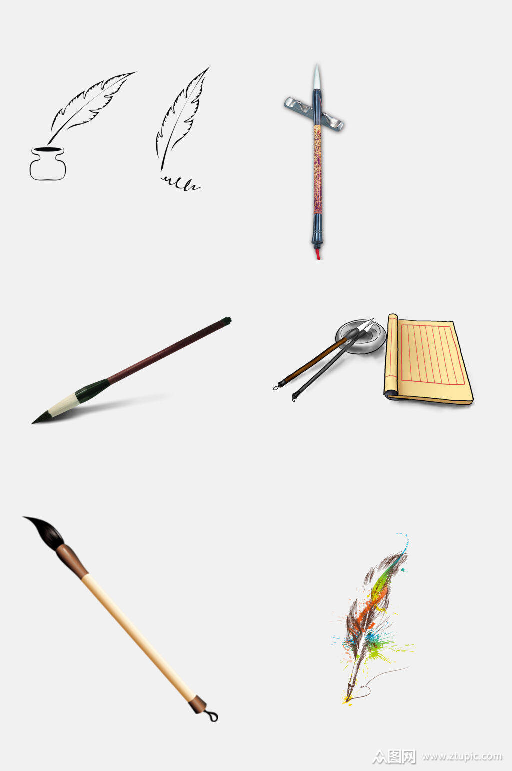 手绘羽毛毛笔水墨免抠素材素材