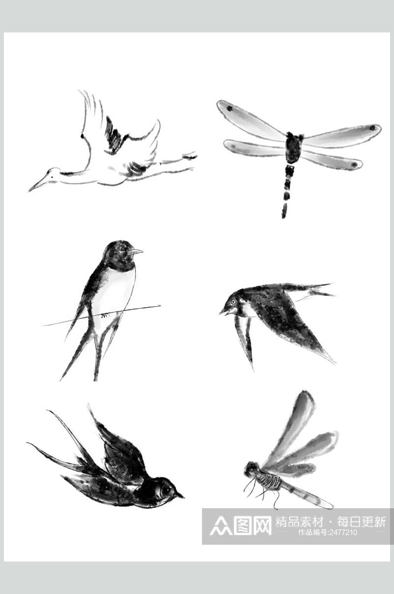鸟类水墨中国风动物矢量素材素材