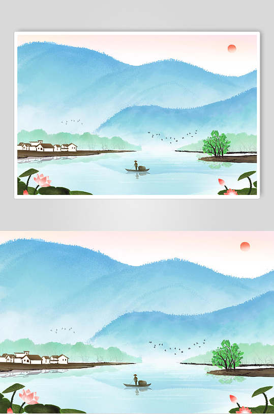 清新素雅蓝绿色高端中国风水墨插画