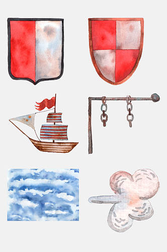 水彩手绘花朵帆船旗帜免抠元素
