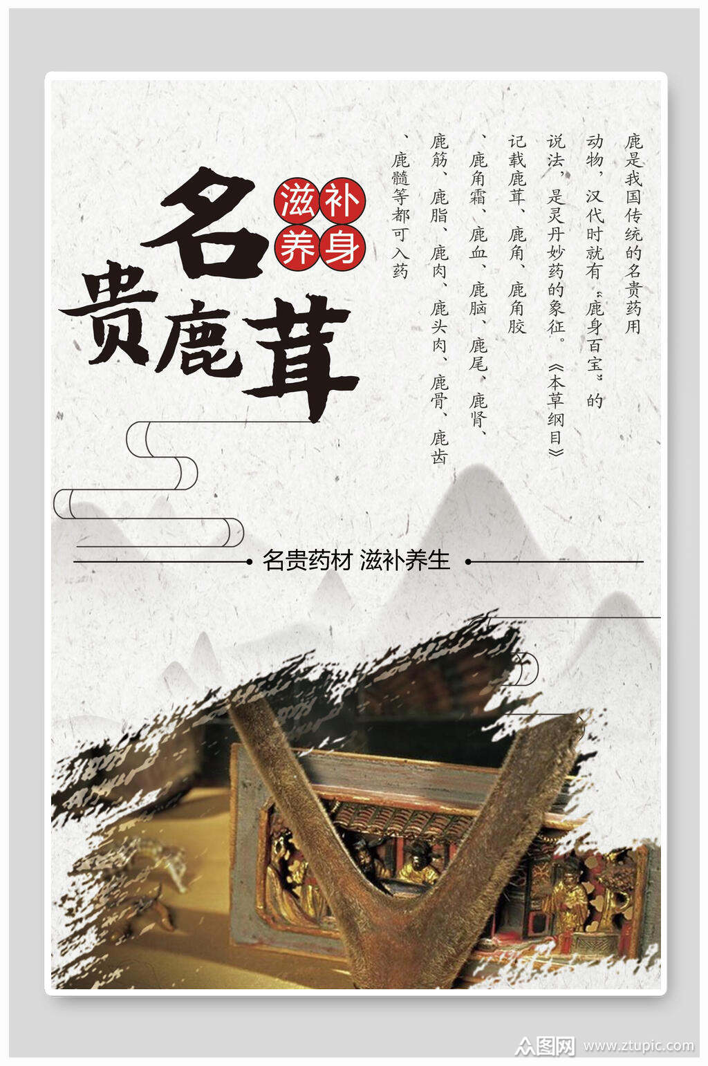 滋补养生名贵鹿茸中药挂画展板海报