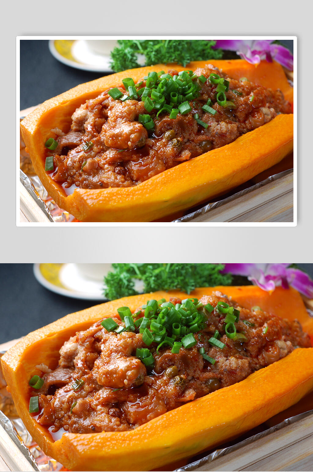 美味蒸菜南瓜蒸肥肠食物高清图片素材