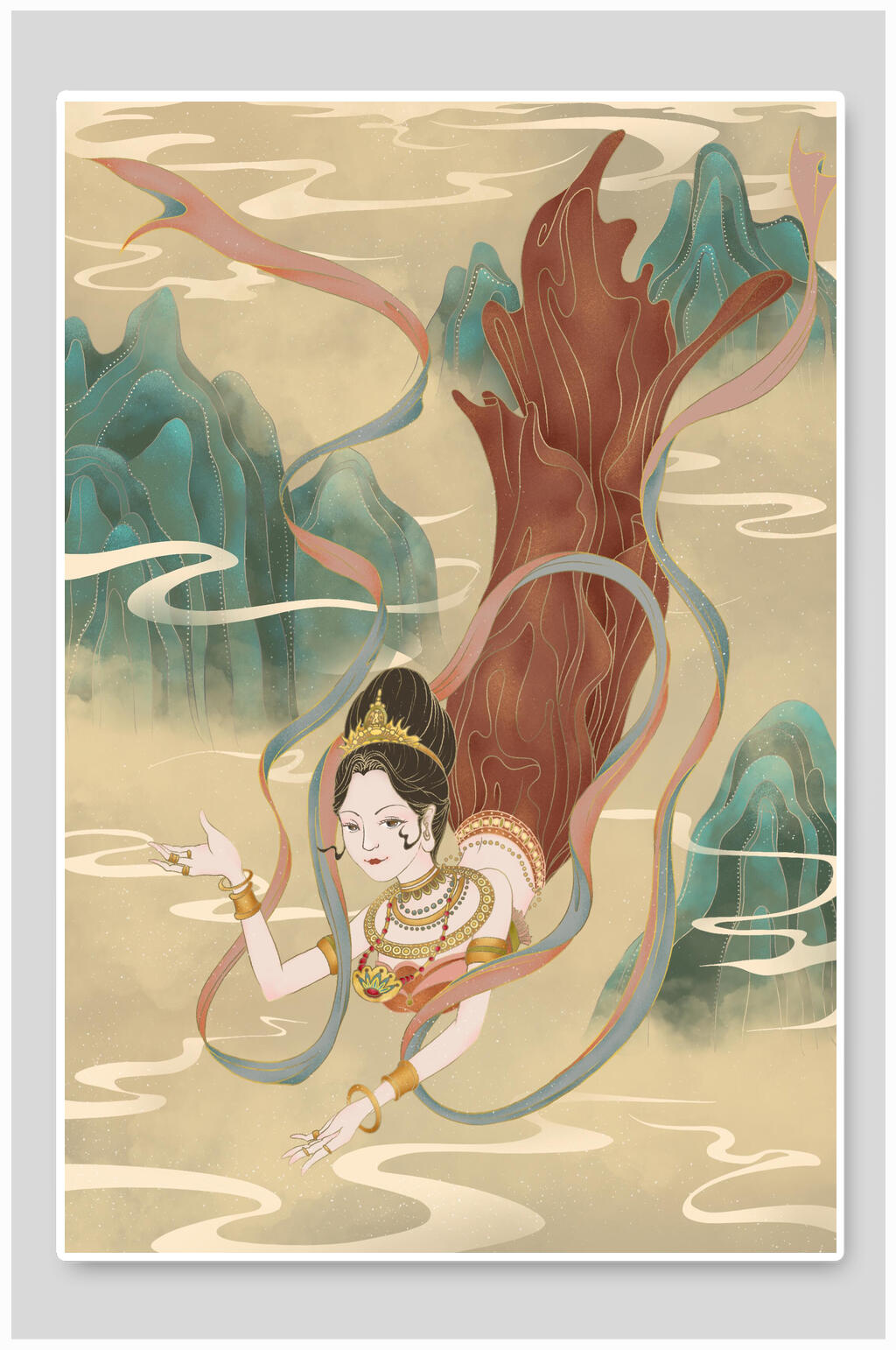 手绘中式敦煌插画素材素材