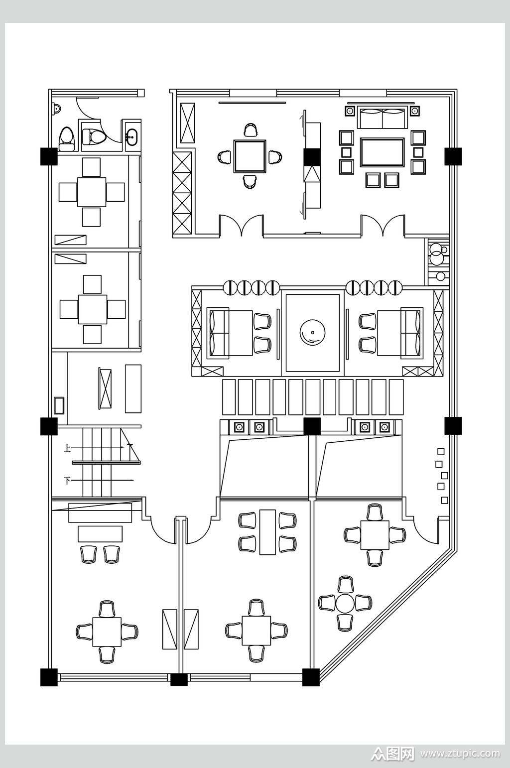 茶馆室内装修平面布置图片素材