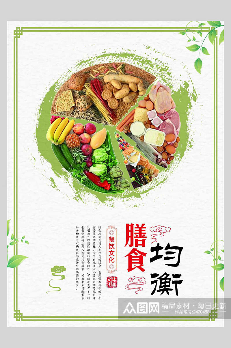 绿色水墨风膳食均衡食堂文化标语宣传挂画海报素材