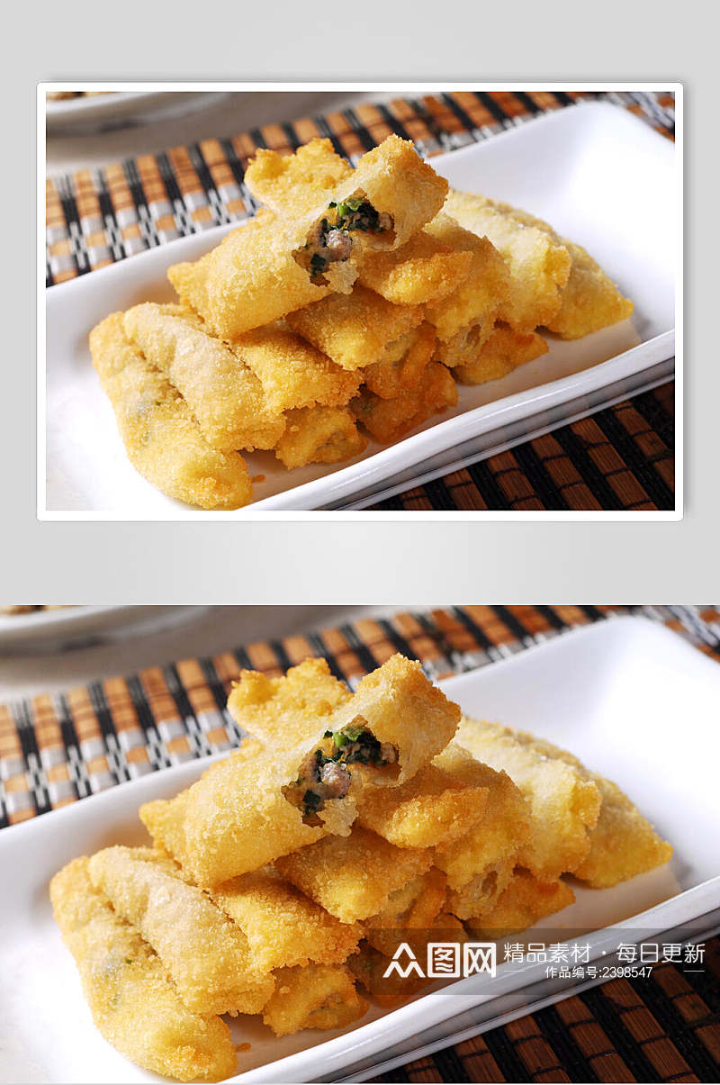 中餐热菜酥皮韭菜卷食品摄影图片素材