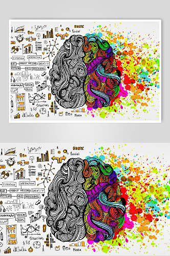 彩色创意手绘大脑矢量元素