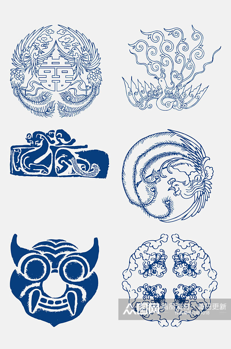 中式蓝色青花瓷图案花纹中国风免抠元素素材