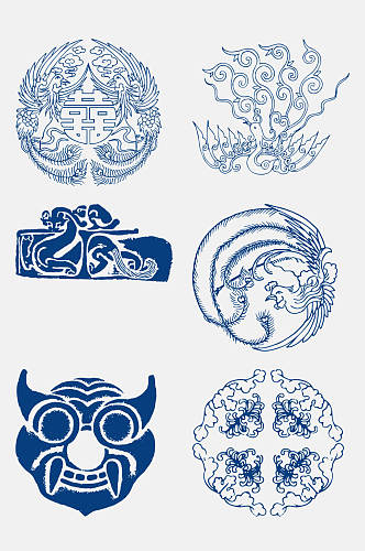 中式蓝色青花瓷图案花纹中国风免抠元素