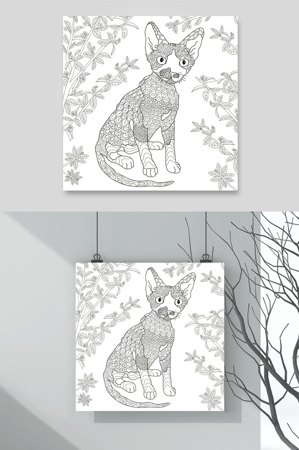 猫咪线条手绘涂鸦图案矢量素材素材