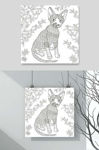 猫咪线条手绘涂鸦图案矢量素材