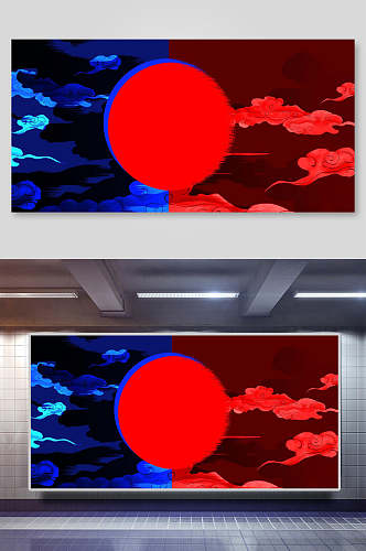 红蓝古典国潮海报背景素材展板
