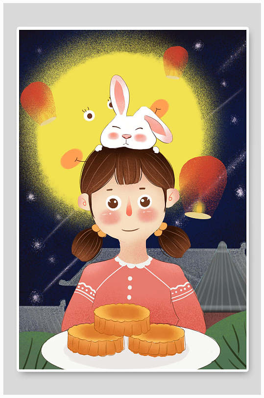 吃月饼中秋插画卡通唯美玉兔中秋吃月饼中秋插画立即下载创意中秋节