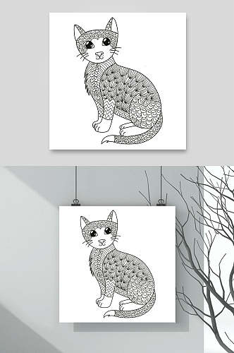 线条猫咪手绘涂鸦图案矢量素材