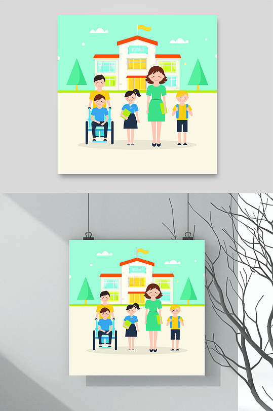 清新唯美学校教室学生卡通素材