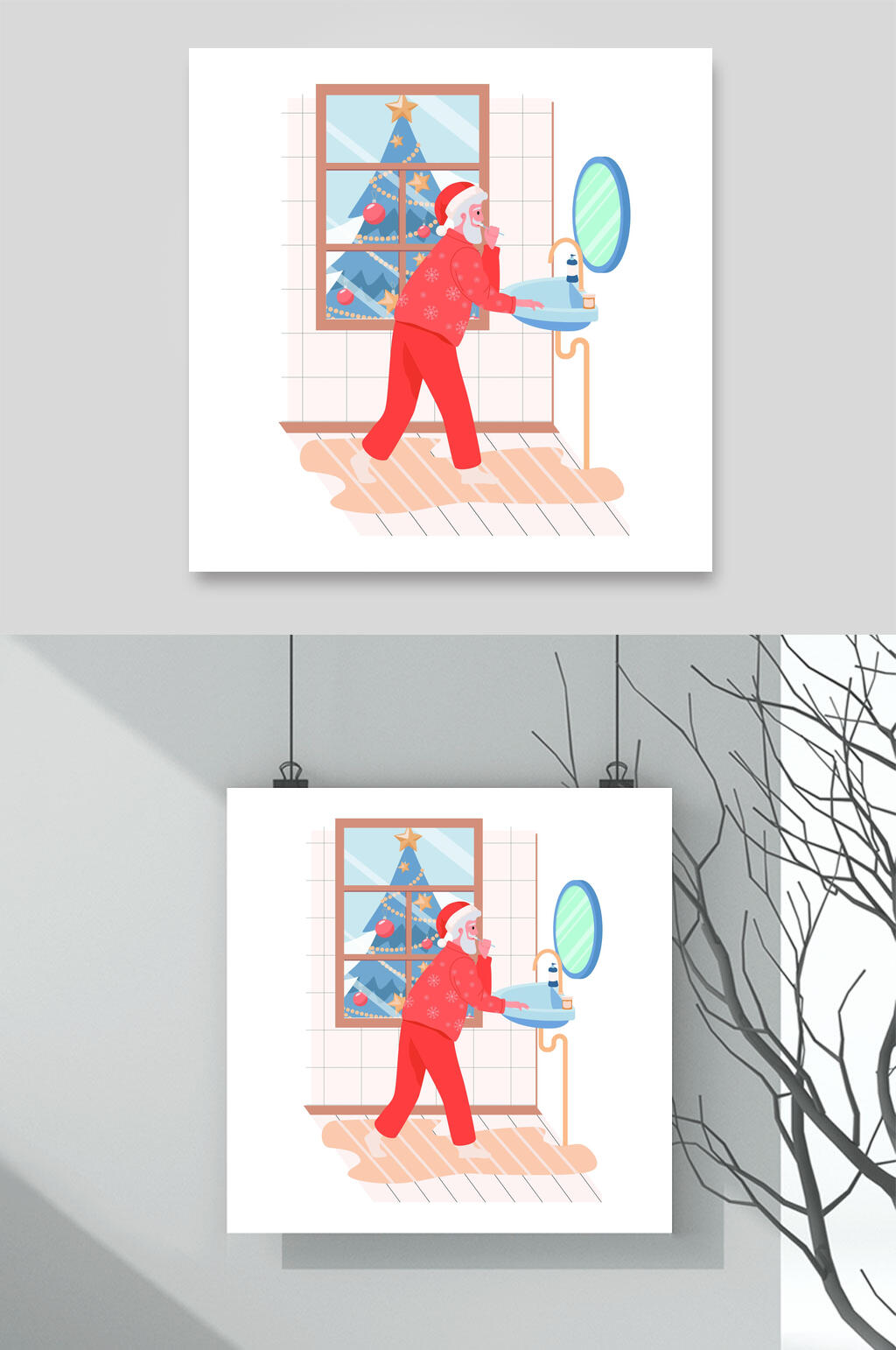 圣诞老人照镜子生活场景矢量素材素材