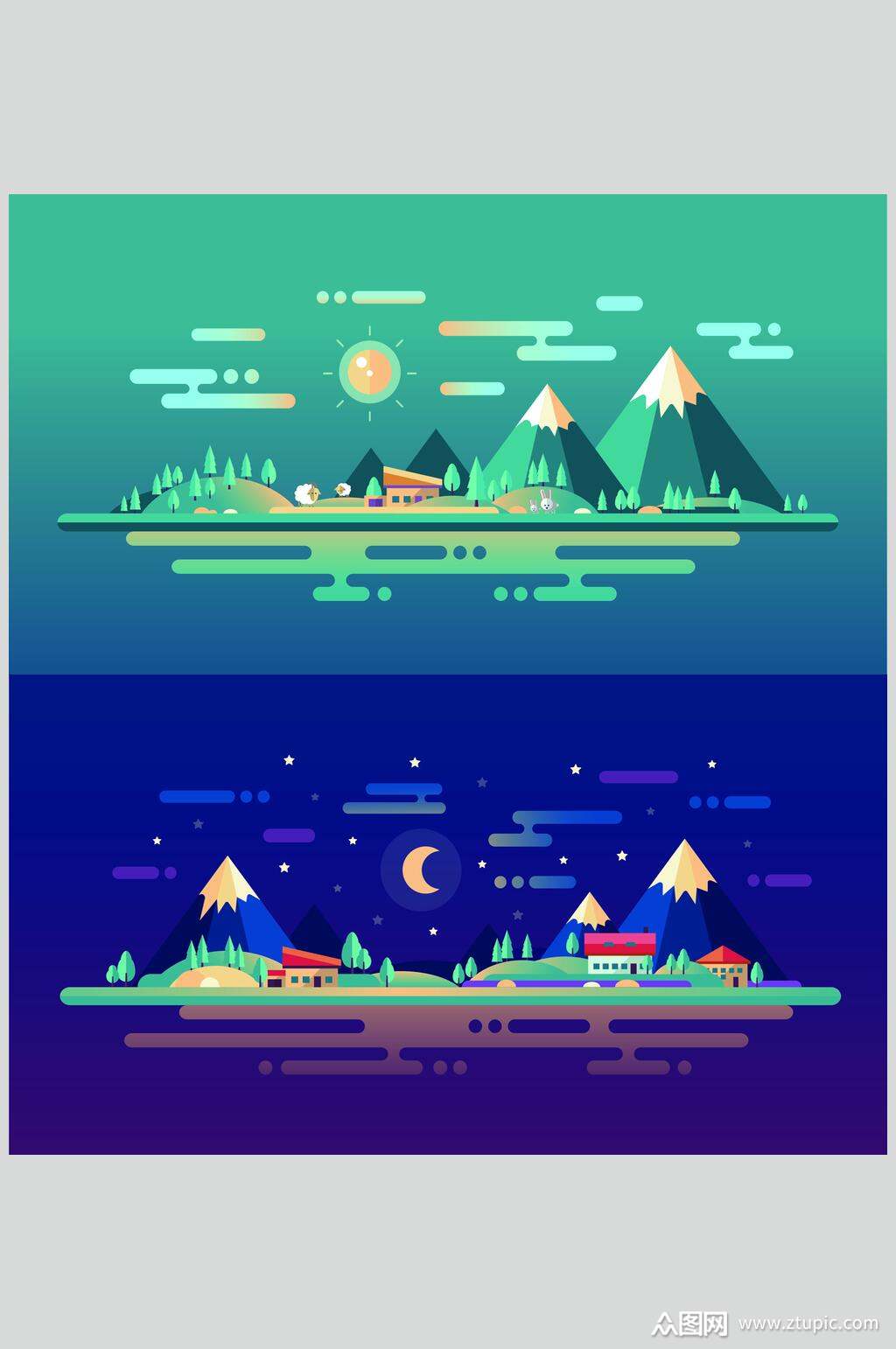 扁平山卡通风景矢量素材素材