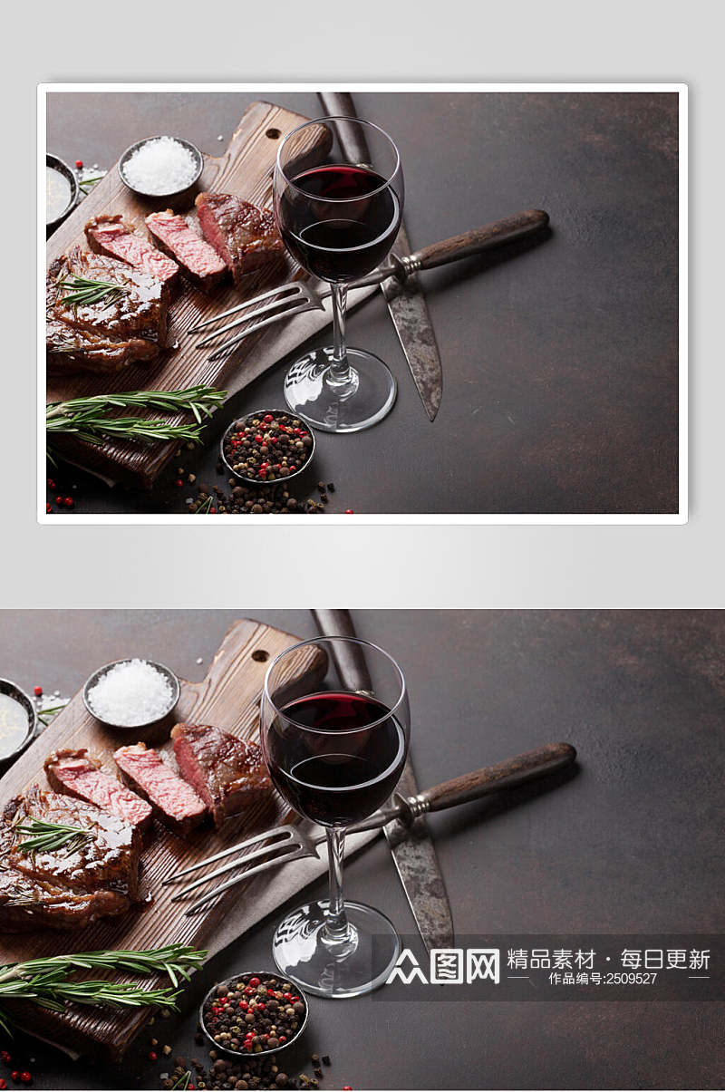 红酒牛排美食食物食材烹饪摄影图素材