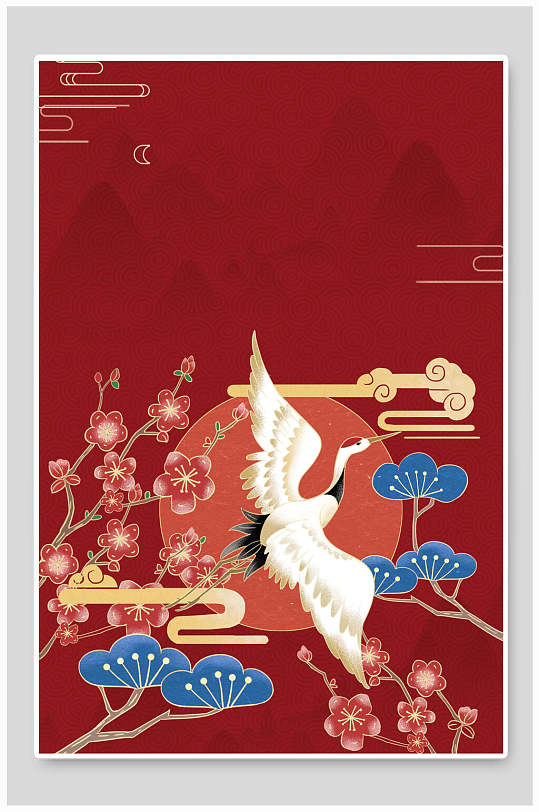 红色鹤古典国潮海报背景素材