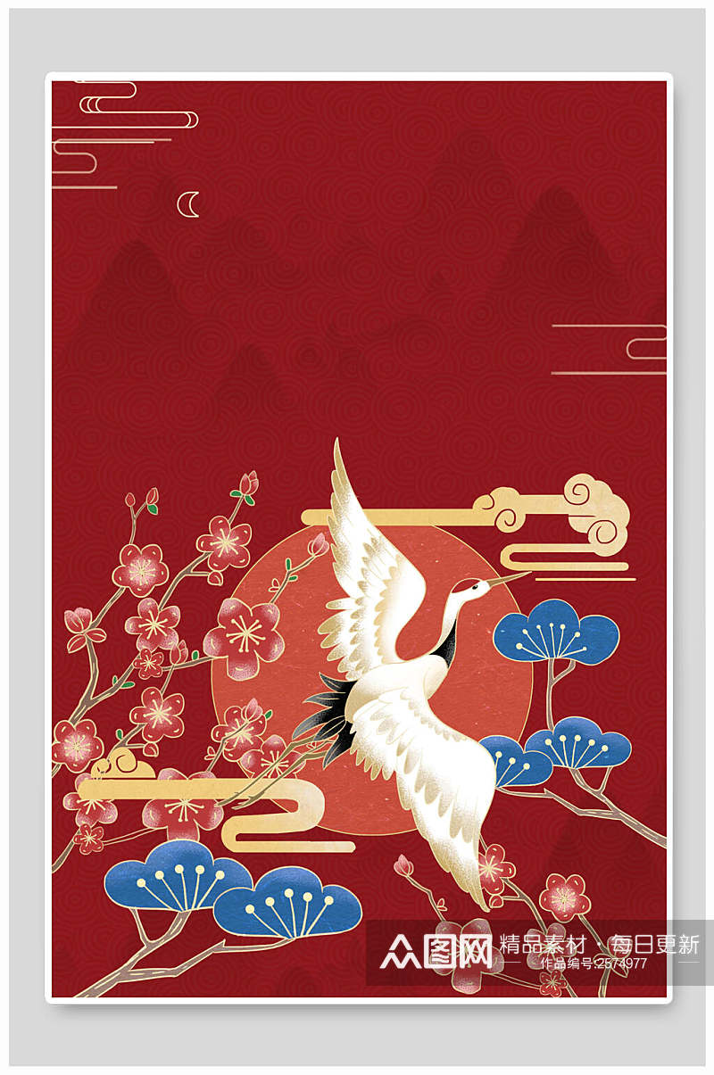 红色鹤古典国潮海报背景素材素材