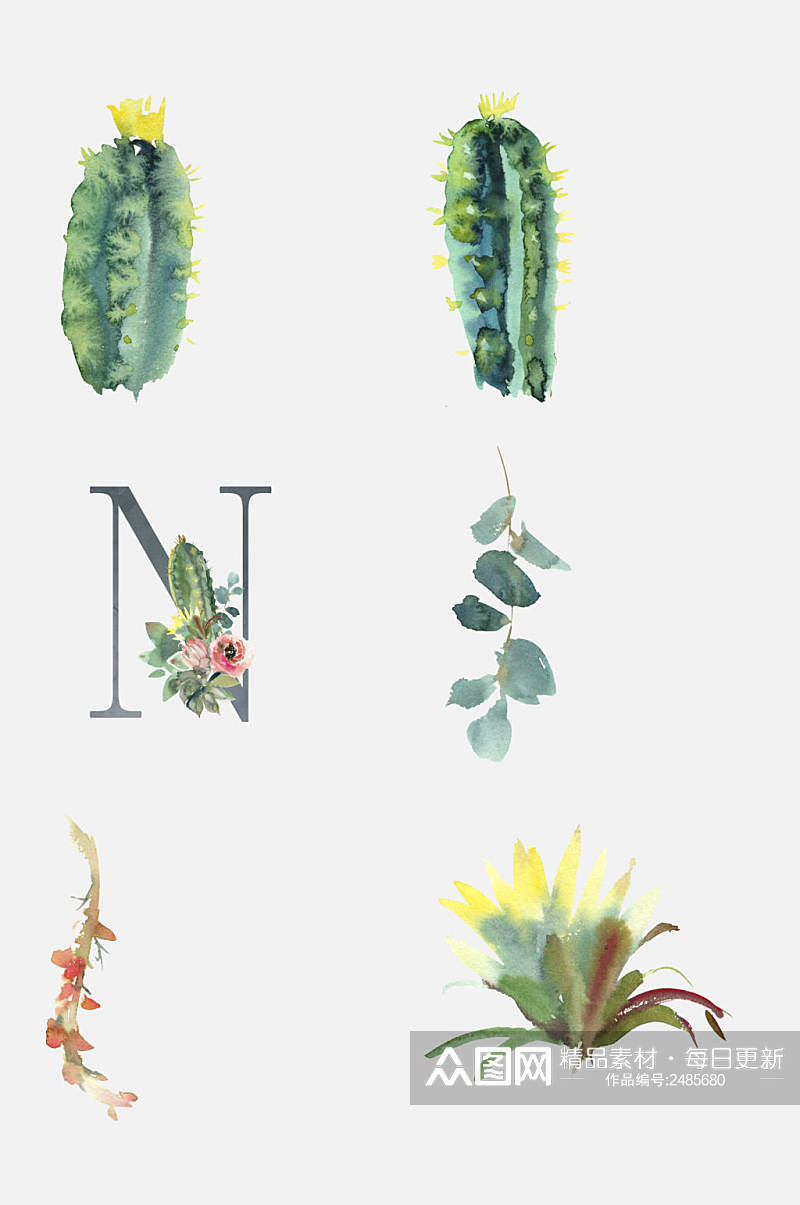 小清新水彩唯美植物字母免抠元素素材