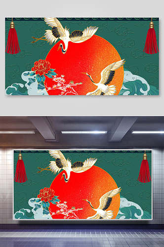 鹤日古典国潮海报背景素材展板
