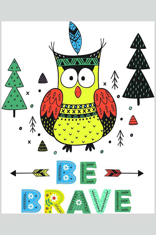 彩色卡通猫头鹰手绘涂鸦图案矢量素材