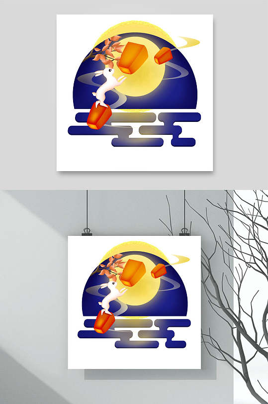 简约手绘放孔明灯场景中秋国潮元素