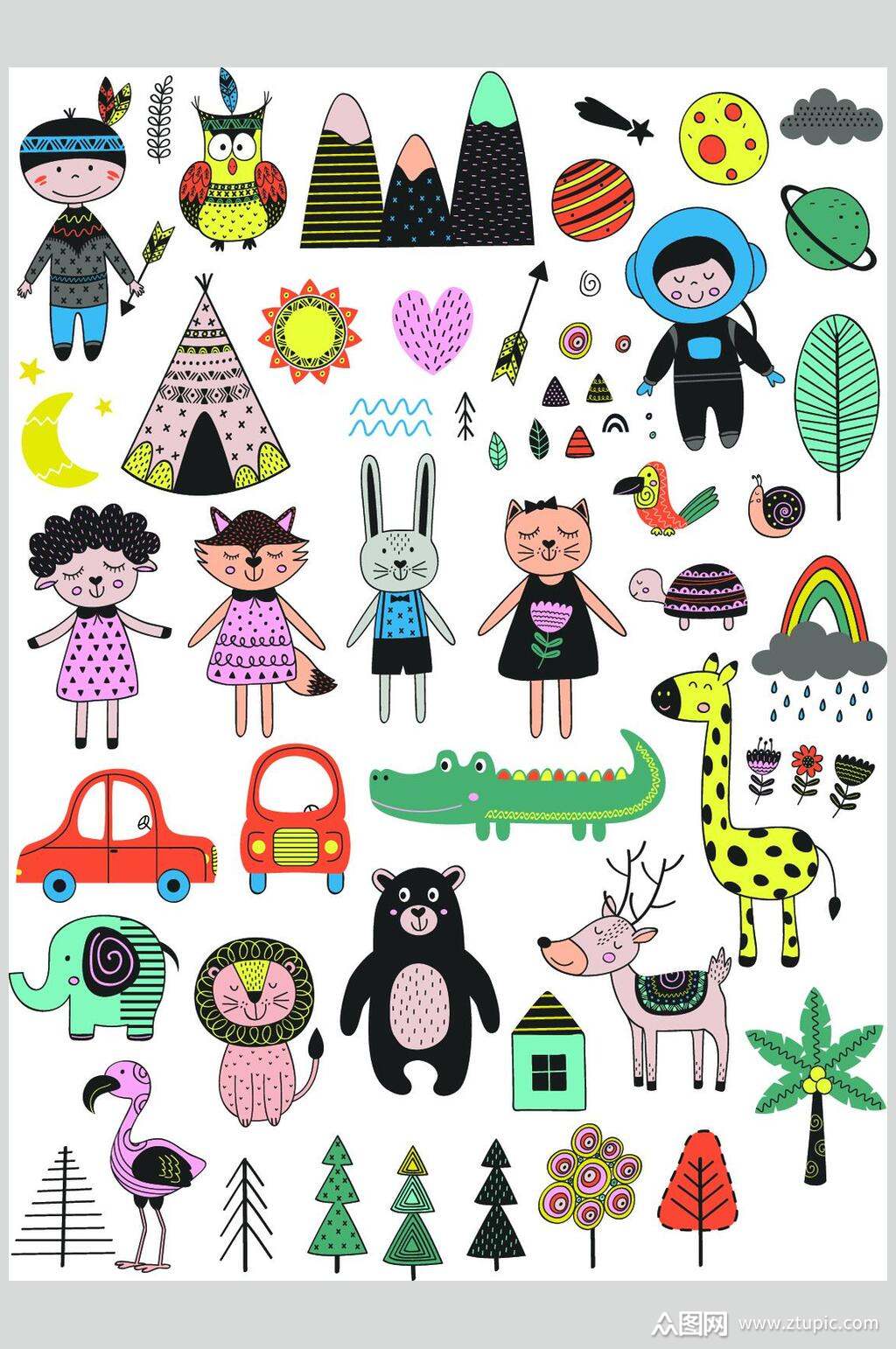 卡通动物手绘涂鸦图案矢量素材素材