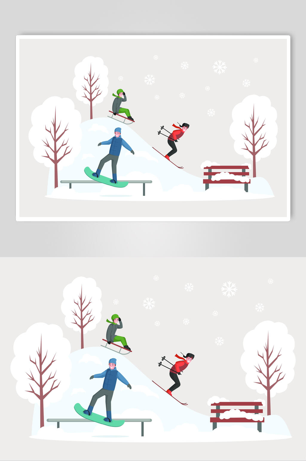 滑雪扁平生活场景矢量素材素材