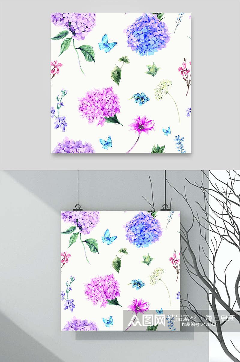 水彩渐变花卉蝴蝶卡片封面背景设计矢量素材素材