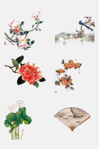 中国风植物花鸟工笔画免抠素材