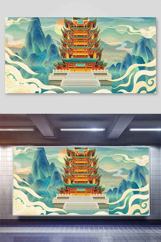 古风经典国潮地标建筑插画