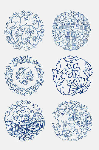 手绘蓝色青花瓷图案花纹中国风免抠元素