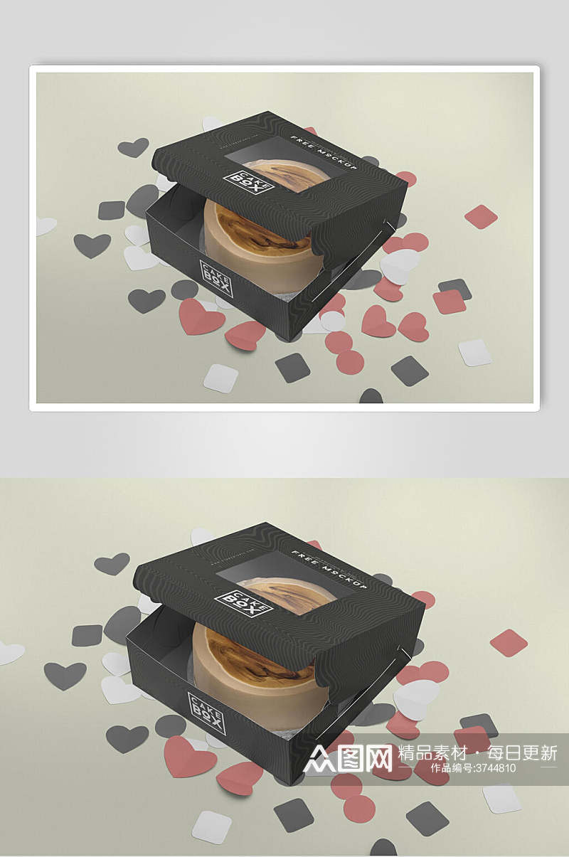 黑色烘焙蛋糕盒包装样机素材