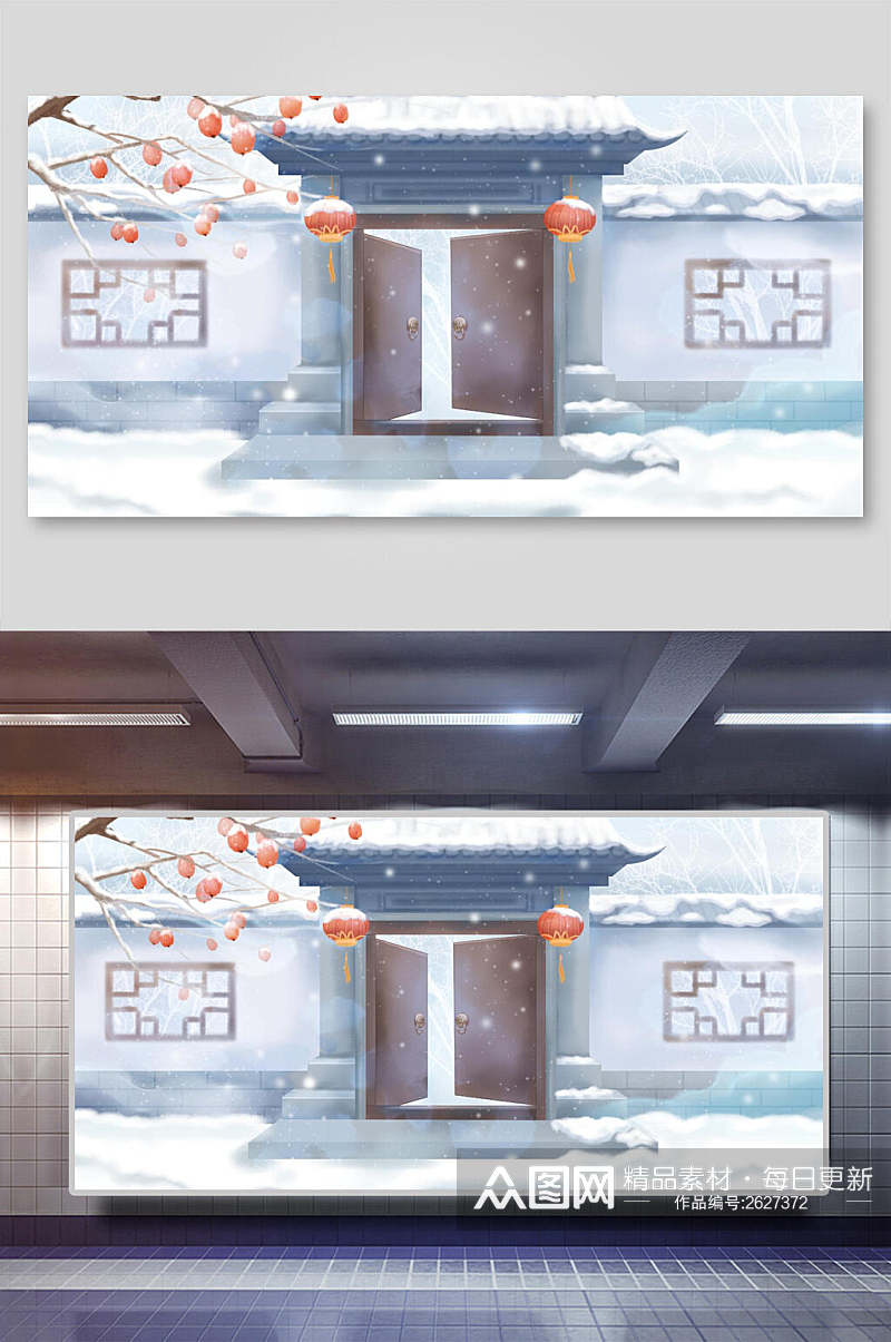 冬天门中国风插画背景展板素材