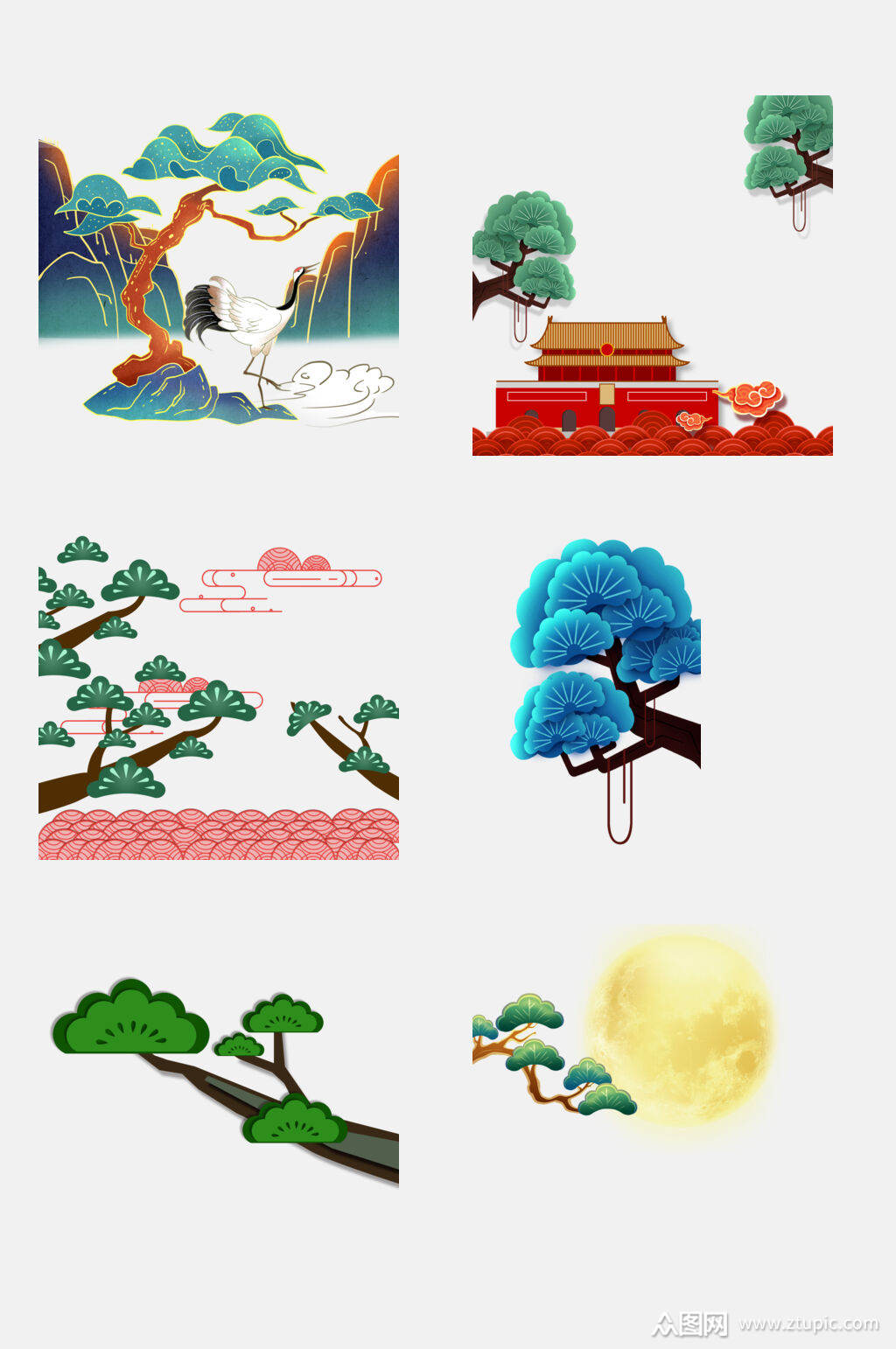 国潮高端松树仙鹤迎客松免抠素材