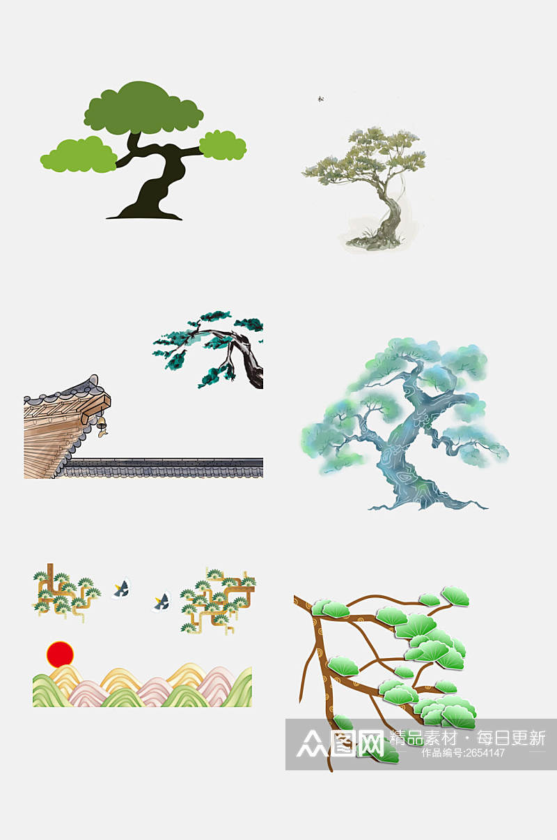 中国风植物松树仙鹤迎客松免抠素材素材