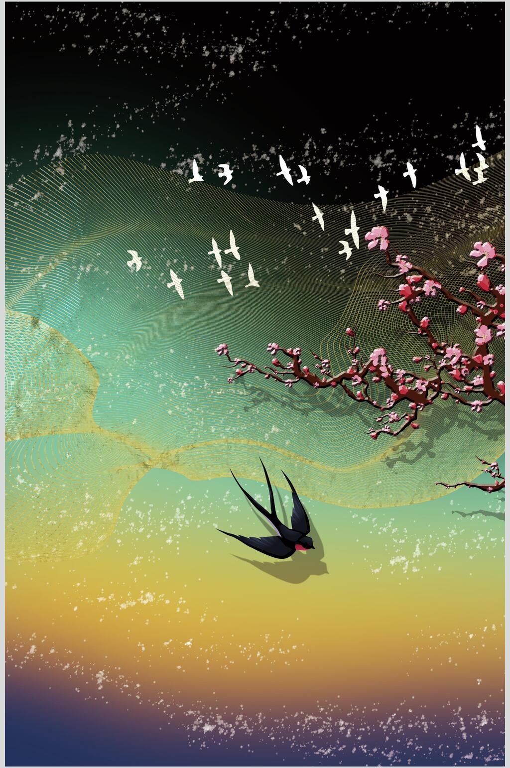 时尚花鸟森林自然背景元素素材