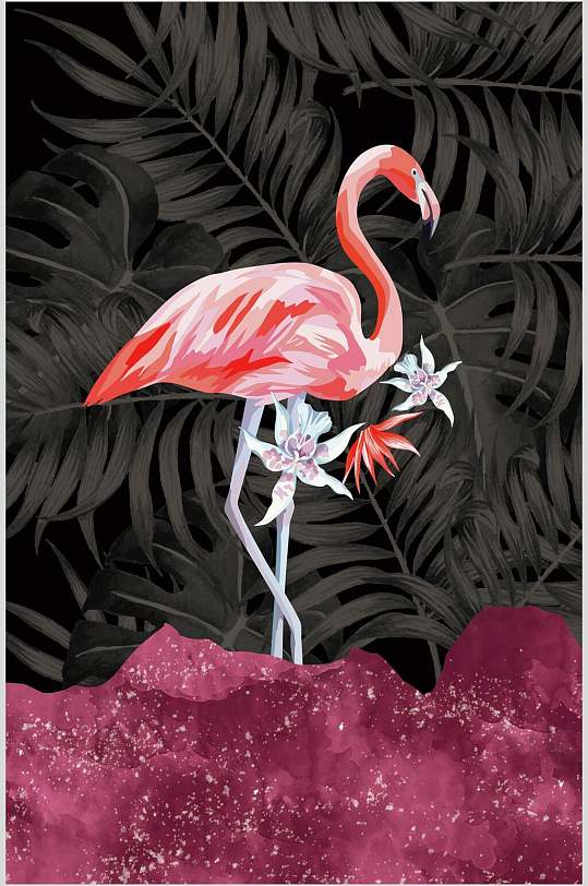 植物火烈鸟森林自然背景元素-众图网