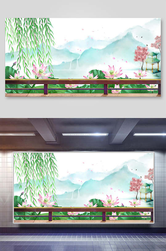 荷花国风山水古建筑背景展板-众图网