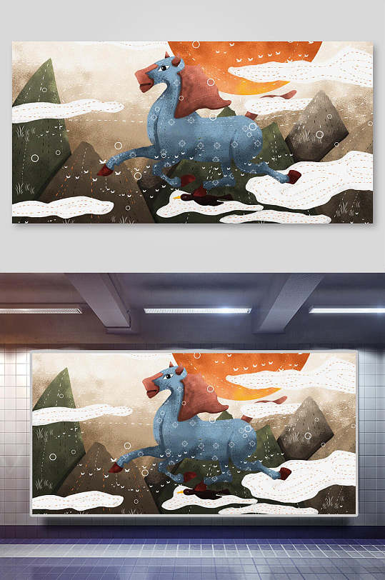 手绘云朵马踏飞燕成语故事插画海报