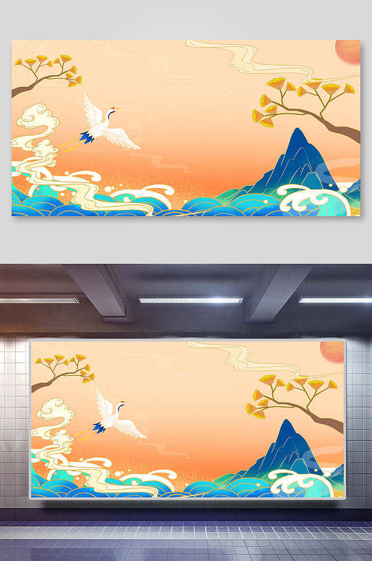 鹤国风插画背景展板