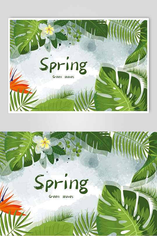 清新水彩绿色春季植物叶子背景素材