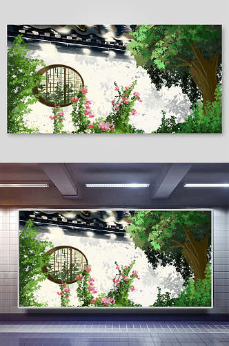 植物墙爬山虎中国风插画背景展板